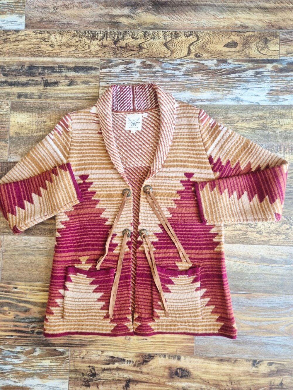 NWoT Cotton & Rye Southwestern Aztec Concho Cardigan Pocket Brown Red - Picture 2 of 13